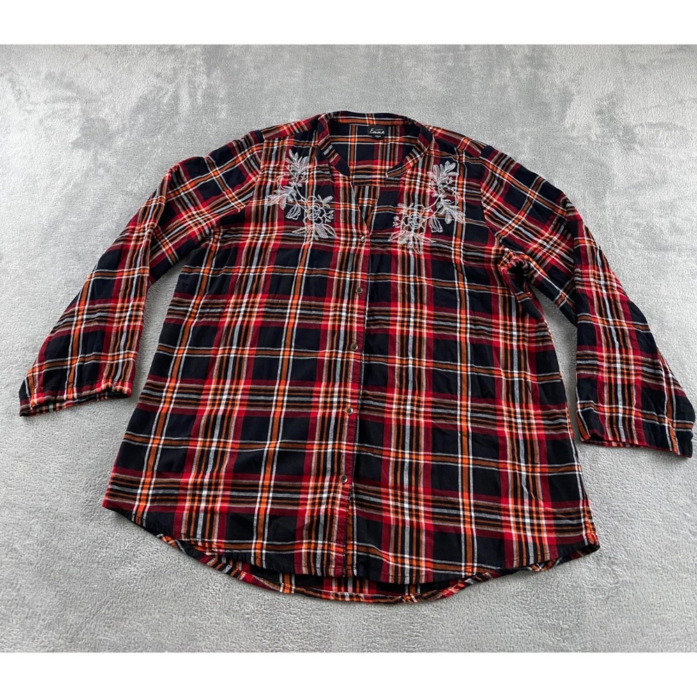 Simply Emma Red Plaid Embroidered Button Front Tunic Shirt Womens 2X Roll Sleeve
